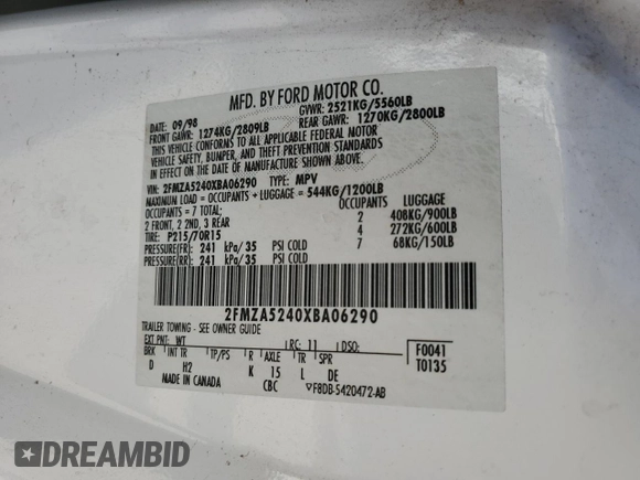1999 Ford Windstar SE z VIN 2FMZA5240XBA06290, wystawiony jako Copart lot #88558575 z przebiegiem 119 861 mil mil oraz Szkoda całkowita • Salvage title. Historia ofert i sprzedaży dostępna na DreamBid. Obrazek 14.