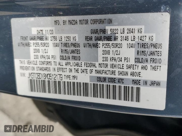 2021 Mazda CX-9 Grand Touring with VIN JM3TCBDY8M0512179, listed as a Copart auction lot 45722665 with 50,029 mi miles and Salvage Title. Bid and sale history available at carsss.com. Image 14.