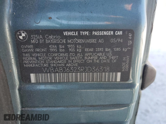 1994 BMW 3 Series 325iC with VIN WBABJ6323RJD36318, listed as a Copart auction lot 87606395 with 0 mi miles and Clean Title. Bid and sale history available at carsss.com. Image 13.
