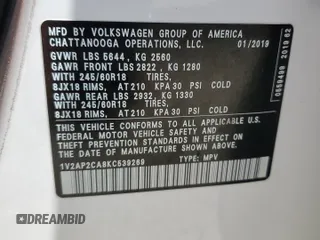 2019 Volkswagen Atlas S with VIN 1V2AP2CA8KC539269, listed as a Copart auction lot 56042985 with 93,320 mi miles and Salvage title. Bid and sale history available at DreamBid. Image 14.