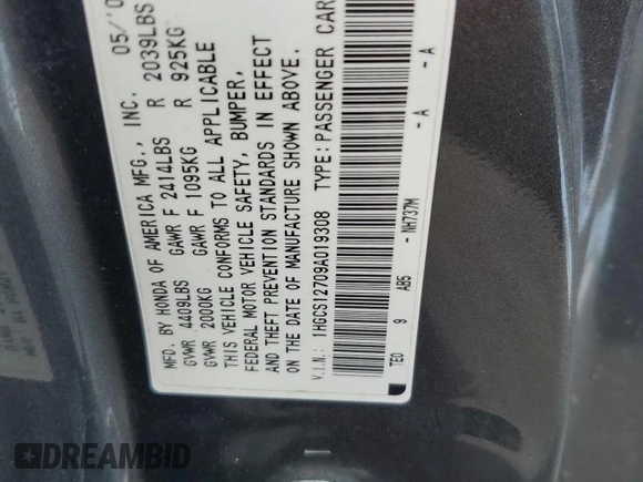 2009 Honda Accord EX z VIN 1HGCS12709A019308, wystawiony jako Copart lot #59321835 z przebiegiem 118 215 mil mil oraz Czysty tytuł • Clean title. Historia ofert i sprzedaży dostępna na DreamBid. Obrazek 12.