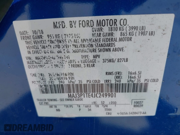 2018 Ford EcoSport SE с VIN MAJ3P1TE4JC249901, выставлен на аукционе IAAI как лот 42793929 с пробегом 82 871 миль миль и . История ставок и продаж доступна на DreamBid. Изображение 9.