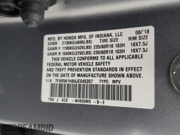2018 Honda CR-V EX-L with VIN 7FARW1H84JE045357, listed as a Copart auction lot 51622855 with 78,492 mi miles and Salvage Title. Bid and sale history available at DreamBid. Image 13.