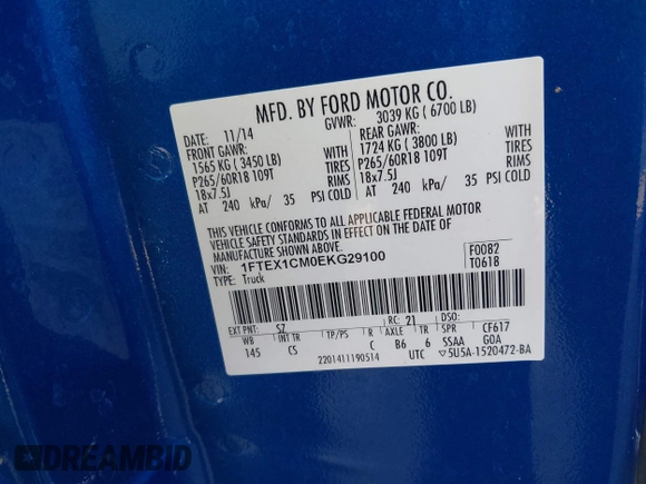 2014 Ford F-150 XL with VIN 1FTEX1CM0EKG29100, listed as a IAAI auction lot 42334851 with 129,545 mi miles and . Bid and sale history available at DreamBid. Image 9.