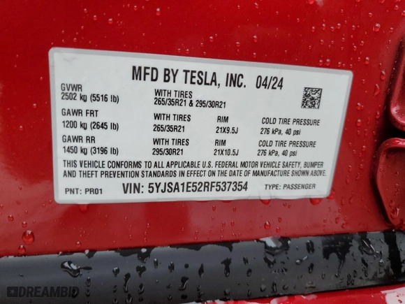 2024 Tesla Model S with VIN 5YJSA1E52RF537354, listed as a Copart auction lot 43077365 with 8,934 mi miles and Salvage Title. Bid and sale history available at carsss.com. Image 12.