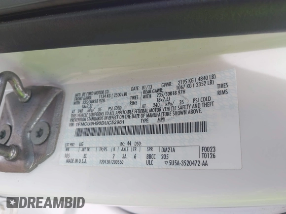 2013 Ford Escape SEL with VIN 1FMCU9H90DUC52981, listed as a IAAI auction lot 42506500 with 74,212 mi miles and . Bid and sale history available at DreamBid. Image 9.
