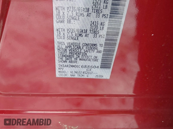 2014 Nissan Pathfinder Platinum with VIN 5N1AR2MM0EC688604, listed as a IAAI auction lot 41434433 with 131,142 mi miles and . Bid and sale history available at DreamBid. Image 9.