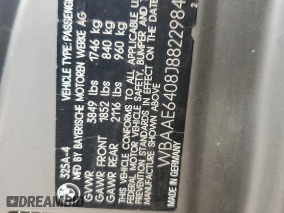1988 BMW 3 Series 325e z VIN WBAAE6408J8822984, wystawiony jako Copart lot #69423594 z przebiegiem 214 146 mil mil oraz Czysty tytuł • Clean title. Historia ofert i sprzedaży dostępna na DreamBid. Obrazek 12.
