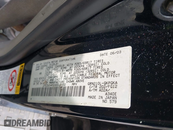 2003 Toyota 4Runner SR5 z VIN JTEZU14R930015350, wystawiony jako IAAI lot #42219414 z przebiegiem 196 858 mil mil oraz . Historia ofert i sprzedaży dostępna na DreamBid. Obrazek 9.