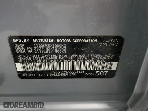 2012 Mitsubishi Lancer SE with VIN JA32V2FW9CU026528, listed as a Copart auction lot 48663445 with 143,532 mi miles and Salvage title. Bid and sale history available at DreamBid. Image 12.