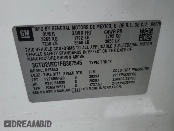 2015 GMC Sierra 1500 SLT with VIN 3GTU2VEC1FG387545, listed as a Copart auction lot 50724105 with 152,567 mi miles and Salvage Title. Bid and sale history available at DreamBid. Image 14.