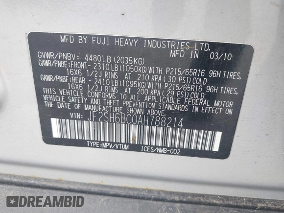2010 Subaru Forester X with VIN JF2SH6BC0AH788214, listed as a IAAI auction lot 42572954 with 185,564 mi miles and . Bid and sale history available at DreamBid. Image 9.