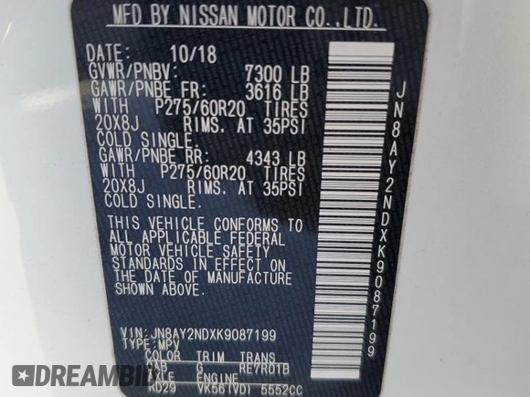 2019 Nissan Armada SL z VIN JN8AY2NDXK9087199, wystawiony jako Copart lot #56715045 z przebiegiem 56 930 mil mil oraz Szkoda całkowita • Salvage title. Historia ofert i sprzedaży dostępna na DreamBid. Obrazek 13.