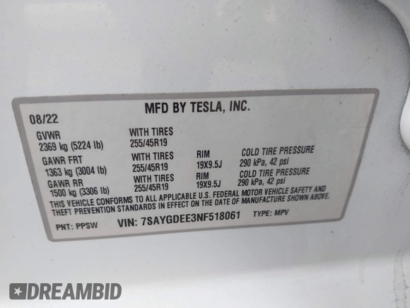2022 Tesla Model Y Long Range with VIN 7SAYGDEE3NF518061, listed as a IAAI auction lot 41896233 with 34,714 mi miles and . Bid and sale history available at carsss.com. Image 9.