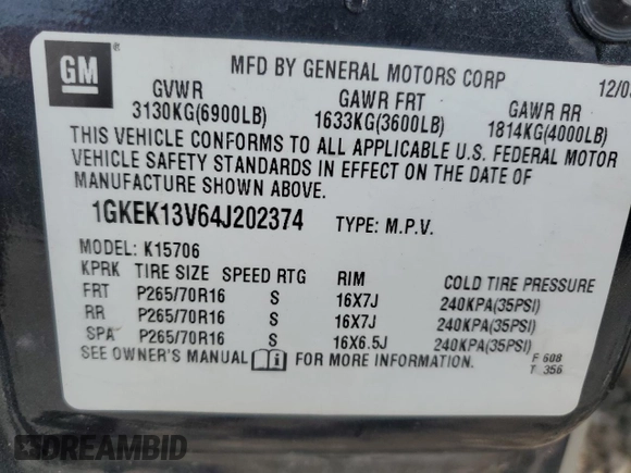 2004 GMC Yukon SLE with VIN 1GKEK13V64J202374, listed as a Copart auction lot 85514164 with 269,342 mi miles and Salvage Title. Bid and sale history available at carsss.com. Image 12.