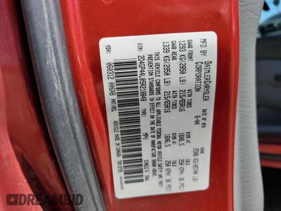 2005 Dodge Caravan SXT with VIN 2D4GP44L05R218848, listed as a Copart auction lot 61288954 with 201,265 mi miles and Salvage Title. Bid and sale history available at carsss.com. Image 15.