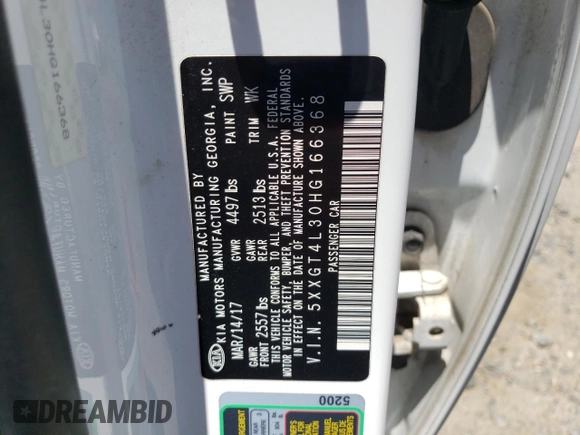 2017 Kia Optima LX with VIN 5XXGT4L30HG166368, listed as a Copart auction lot 61812185 with 115,609 mi miles and Salvage title. Bid and sale history available at DreamBid. Image 12.