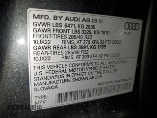 2019 Audi Q8 Premium Plus with VIN WA1EVAF1XKD004270, listed as a Copart auction lot 61906285 with 106,784 mi miles and Salvage title. Bid and sale history available at DreamBid. Image 12.