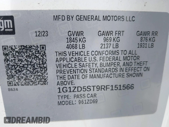 2024 Chevrolet Malibu LT with VIN 1G1ZD5ST9RF151566, listed as a IAAI auction lot 42247561 with 33,170 mi miles and . Bid and sale history available at DreamBid. Image 9.