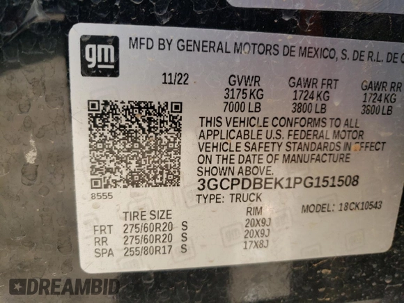 2023 Chevrolet Silverado 1500 Custom with VIN 3GCPDBEK1PG151508, listed as a Copart auction lot 43275795 with Not Provided miles and Salvage Title. Bid and sale history available at DreamBid. Image 13.
