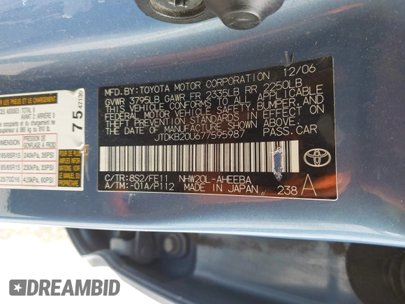 2007 Toyota Prius z VIN JTDKB20U677595987, wystawiony jako IAAI lot #41876974 z przebiegiem 218 650 mil mil oraz . Historia ofert i sprzedaży dostępna na DreamBid. Obrazek 9.