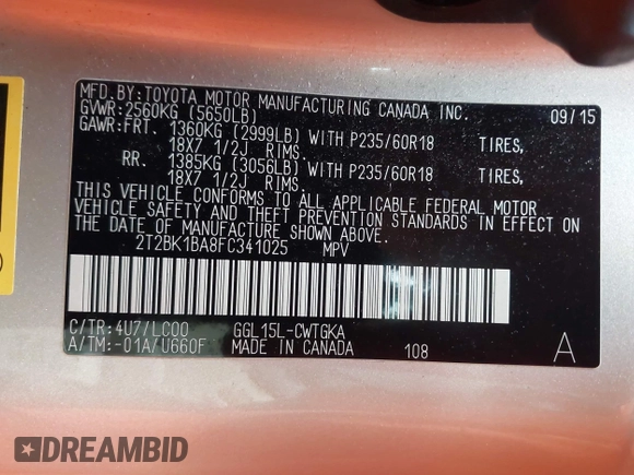 2015 Lexus RX 350 with VIN 2T2BK1BA8FC341025, listed as a IAAI auction lot 42211037 with 41,398 mi miles and . Bid and sale history available at DreamBid. Image 9.