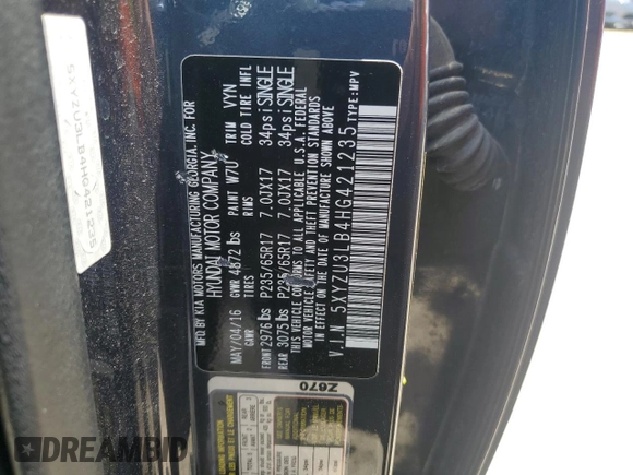 2017 Hyundai Santa Fe 2.4L with VIN 5XYZU3LB4HG421235, listed as a Copart auction lot 62025245 with 103,024 mi miles and Clean title. Bid and sale history available at DreamBid. Image 13.