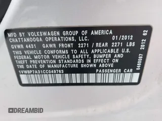 2012 Volkswagen Passat SE с VIN 1VWBP7A31CC049763, выставлен на аукционе IAAI как лот 41135187 с пробегом 188 966 миль миль и . История ставок и продаж доступна на DreamBid. Изображение 9.