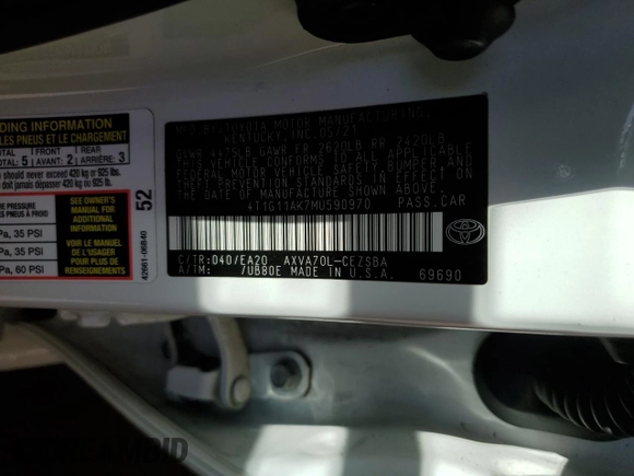 2021 Toyota Camry SE Nightshade with VIN 4T1G11AK7MU590970, listed as a Copart auction lot 46162995 with 120,630 mi miles and Salvage Title. Bid and sale history available at carsss.com. Image 12.