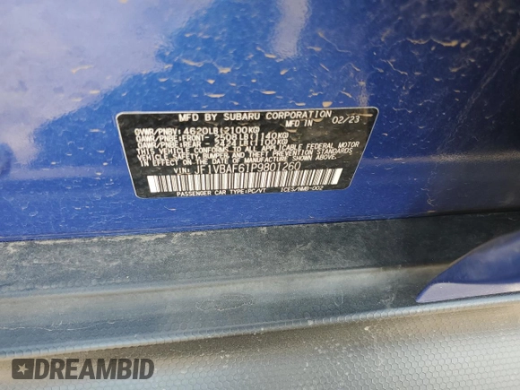 2023 Subaru WRX Premium с VIN JF1VBAF61P9801260, выставлен на аукционе Copart как лот 64861475 с пробегом 18 085 миль миль и Списание • Salvage title. История ставок и продаж доступна на DreamBid. Изображение 12.