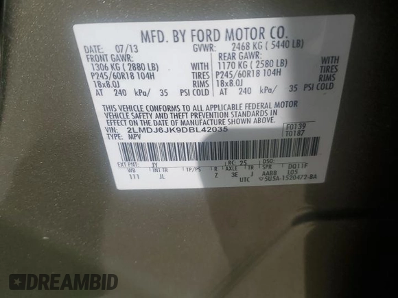2013 Lincoln MKX with VIN 2LMDJ6JK9DBL42035, listed as a Copart auction lot 49130085 with 166,551 mi miles and Salvage Title. Bid and sale history available at carsss.com. Image 14.
