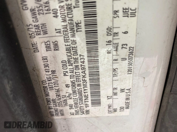 2015 Ford Transit Cargo with VIN 1FTNE1YM3FKA97437, listed as a IAAI auction lot 42786905 with 258,546 mi miles and . Bid and sale history available at DreamBid. Image 4.