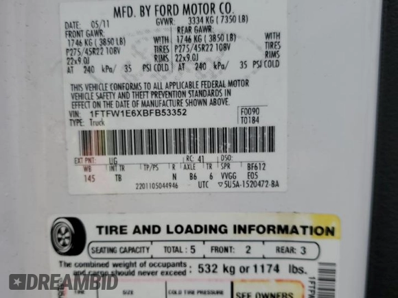 2011 Ford F-150 Lariat with VIN 1FTFW1E6XBFB53352, listed as a Copart auction lot 52419005 with 157,904 mi miles and Clean Title. Bid and sale history available at carsss.com. Image 12.