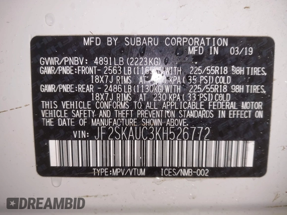 2019 Subaru Forester Limited with VIN JF2SKAUC3KH526772, listed as a IAAI auction lot 41769522 with 35,688 mi miles. Bid and sale history available at carsss.com. Image 9.