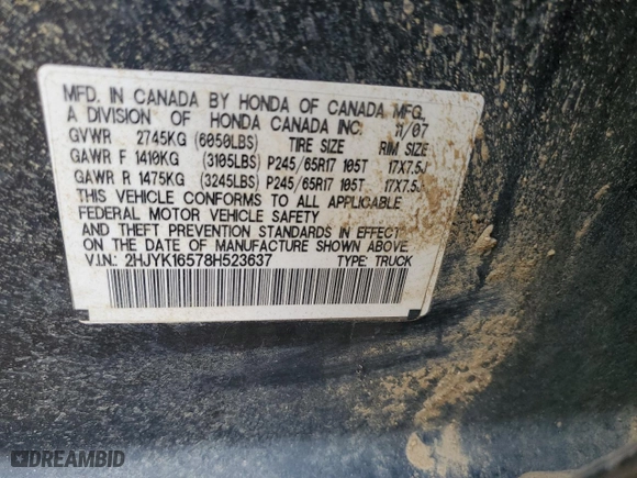 2008 Honda Ridgeline RTL with VIN 2HJYK16578H523637, listed as a Copart auction lot 85668864 with 211,527 mi miles and Salvage Title. Bid and sale history available at carsss.com. Image 13.
