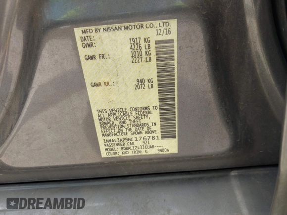 2017 Nissan Altima SV with VIN 1N4AL3AP9HC176781, listed as a IAAI auction lot 42308502 with 185,976 mi miles and . Bid and sale history available at DreamBid. Image 9.