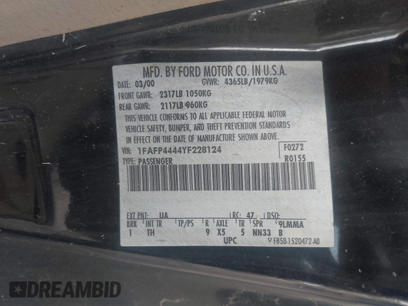 2000 Ford Mustang z VIN 1FAFP4444YF228124, wystawiony jako IAAI lot #42456191 z przebiegiem 225 253 mil mil oraz . Historia ofert i sprzedaży dostępna na DreamBid. Obrazek 9.