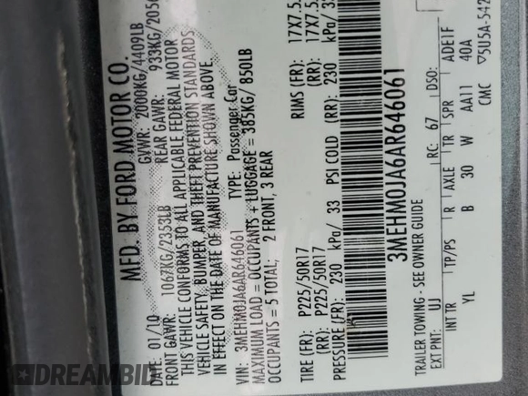 2010 Mercury Milan Premier z VIN 3MEHM0JA6AR646061, wystawiony jako Copart lot #58834665 z przebiegiem 144 523 mil mil oraz Szkoda całkowita • Salvage title. Historia ofert i sprzedaży dostępna na DreamBid. Obrazek 12.