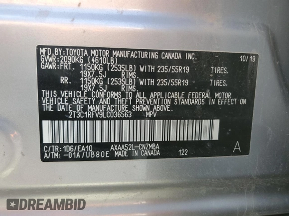 2020 Toyota RAV4 XLE Premium with VIN 2T3C1RFV9LC036563, listed as a Copart auction lot 50310165 with 79,738 mi miles and Salvage Title. Bid and sale history available at carsss.com. Image 14.