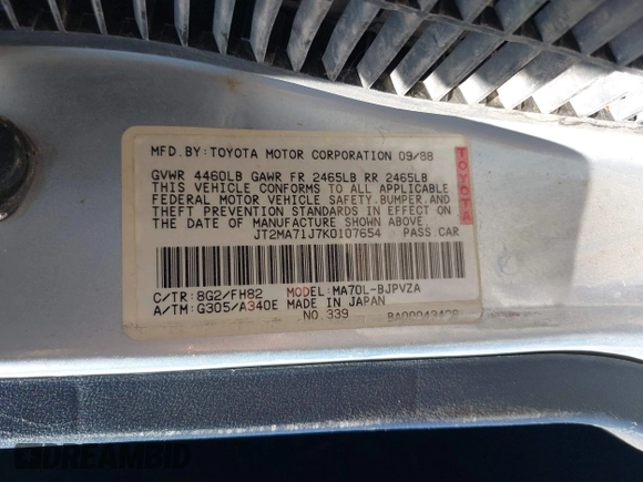 1989 Toyota Supra z VIN JT2MA71J7K0107654, wystawiony jako IAAI lot #42078617 z przebiegiem 181 176 mil mil oraz . Historia ofert i sprzedaży dostępna na DreamBid. Obrazek 9.