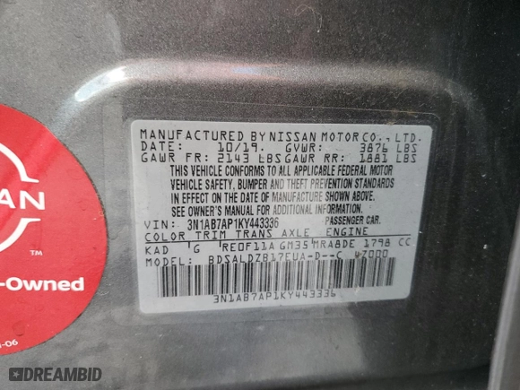 2019 Nissan Sentra SV with VIN 3N1AB7AP1KY443336, listed as a Copart auction lot 42856045 with 0 mi miles and Non Repairable. Bid and sale history available at carsss.com. Image 13.