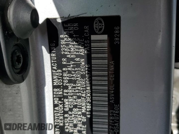 2010 Toyota Camry z VIN 4T1BF3EK0AU006776, wystawiony jako Copart lot #58246615 z przebiegiem 222 002 mil mil oraz Szkoda całkowita • Salvage title. Historia ofert i sprzedaży dostępna na DreamBid. Obrazek 12.