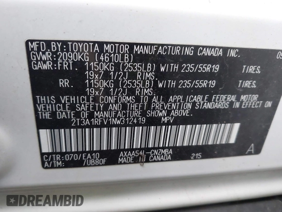 2022 Toyota RAV4 XLE Premium z VIN 2T3A1RFV1NW312419, wystawiony jako IAAI lot #42361686 z przebiegiem 14 291 mil mil oraz . Historia ofert i sprzedaży dostępna na DreamBid. Obrazek 9.
