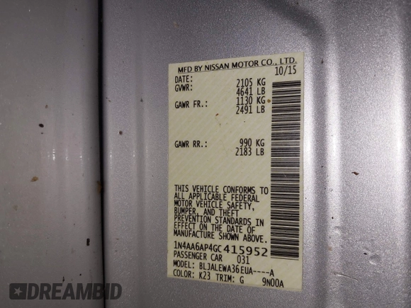 2016 Nissan Maxima SV z VIN 1N4AA6AP4GC415952, wystawiony jako IAAI lot #41806306 z przebiegiem 131 612 mil mil oraz . Historia ofert i sprzedaży dostępna na DreamBid. Obrazek 9.
