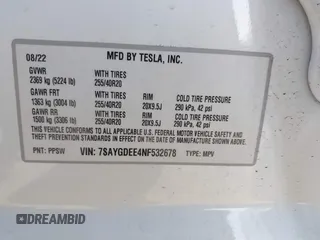 2022 Tesla Model Y Long Range with VIN 7SAYGDEE4NF532678, listed as a IAAI auction lot 41761130 with Not Provided miles and . Bid and sale history available at carsss.com. Image 9.