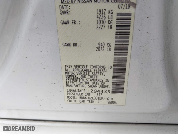 2018 Nissan Altima 2.5 SL with VIN 1N4AL3AP2JC294435, listed as a IAAI auction lot 41555669 with 101,962 mi miles. Bid and sale history available at carsss.com. Image 9.