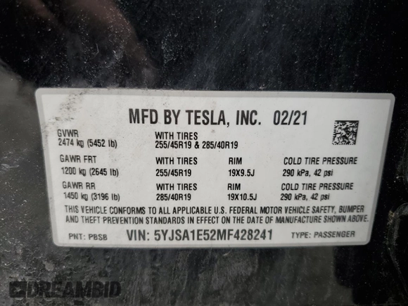 2021 Tesla Model S Long Range z VIN 5YJSA1E52MF428241, wystawiony jako Copart lot #57302035 z przebiegiem 67 775 mil mil oraz Szkoda całkowita • Salvage title. Historia ofert i sprzedaży dostępna na DreamBid. Obrazek 13.