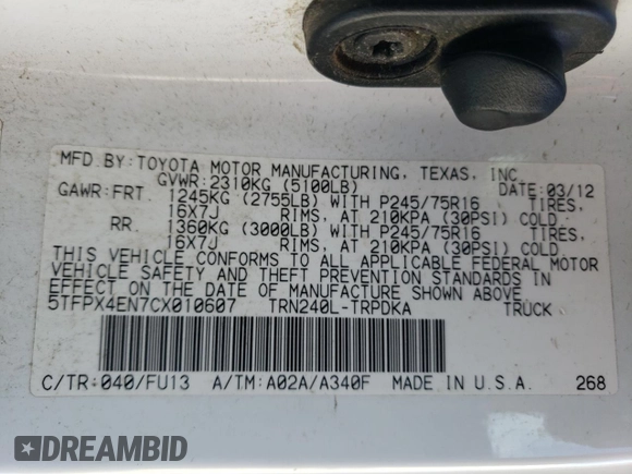 2012 Toyota Tacoma with VIN 5TFPX4EN7CX010607, listed as a Copart auction lot 83375314 with 182,054 mi miles and Salvage Title. Bid and sale history available at DreamBid. Image 13.
