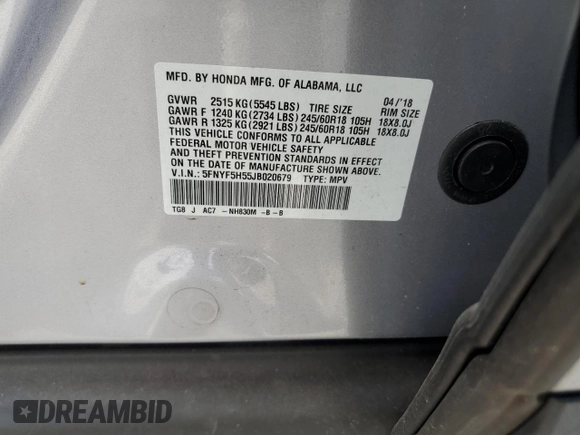 2018 Honda Pilot EX-L with VIN 5FNYF5H55JB020679, listed as a Copart auction lot 56469725 with 62,561 mi miles and Salvage title. Bid and sale history available at DreamBid. Image 13.