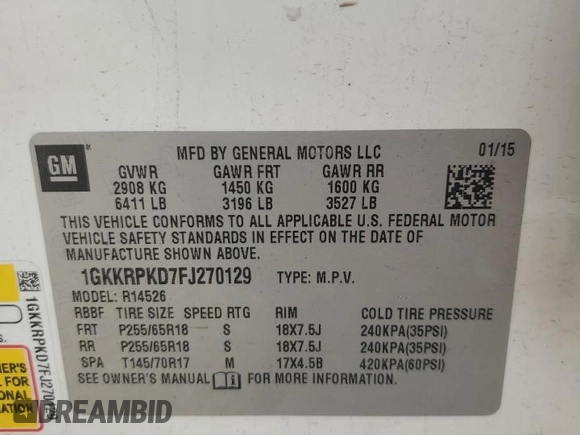 2015 GMC Acadia SLE with VIN 1GKKRPKD7FJ270129, listed as a Copart auction lot 69282064 with Not provided miles and Salvage title. Bid and sale history available at DreamBid. Image 14.